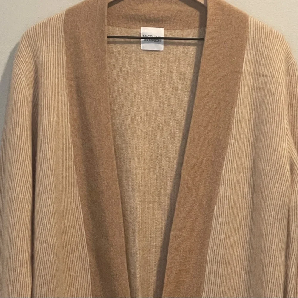 MADELEINE THOMPSON Calla 100% Cashmere Two-Tone, Tan, Long Open Cardigan, Large